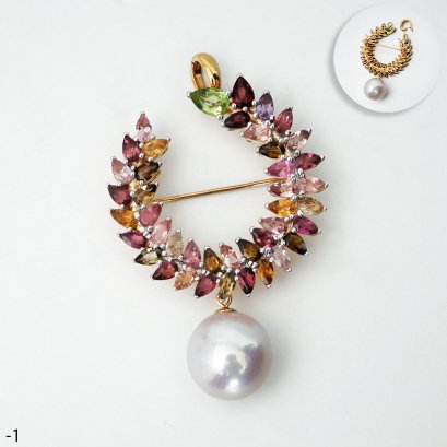 Approx. 15.0 mm, Edison Pearl, Olive Gems Wreath Dangle Pearl Brooch