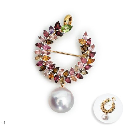 Approx. 15.0 mm, Edison Pearl, Olive Gems Wreath Dangle Pearl Brooch