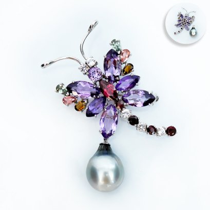 13.17 mm, Tahitian Pearl, Mixed Gems Dragonfly Dangle Pearl Brooch