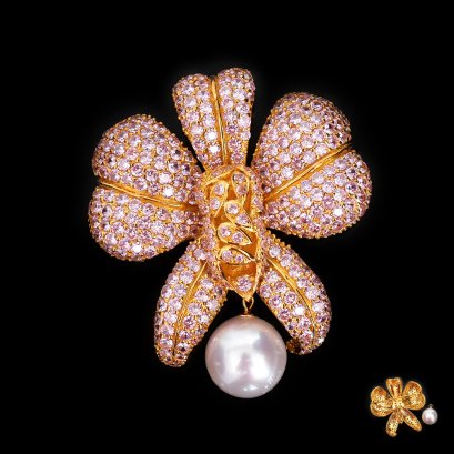 15.01 mm, White South Sea Pearl, "Royal Orchid" Collection Dangle Pearl Brooch