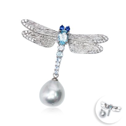 11.94 mm, White South Sea Pearl, "Dragonfly Pearl" Dangle Pearl Brooch