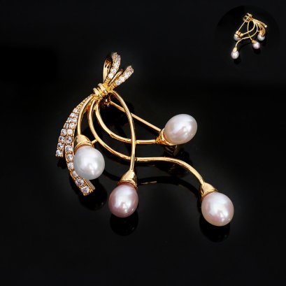 Approx. 6.0 mm, Freshwater Pearl, Bow Bunch Pearl Brooch