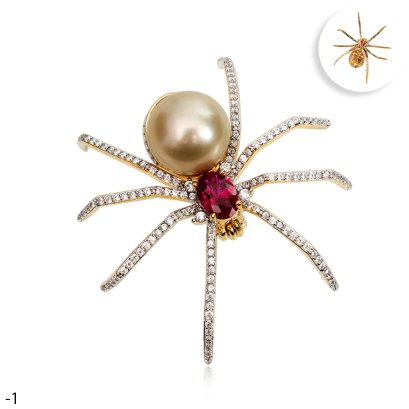 Approx. 10.0 - 11.0 mm, Gold South Sea Pearl, Spider CZ Paved Pearl Brooch