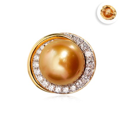 15.09 mm, Gold South Sea Pearl, Halo Diamond Solitaire Pearl Sash Clip