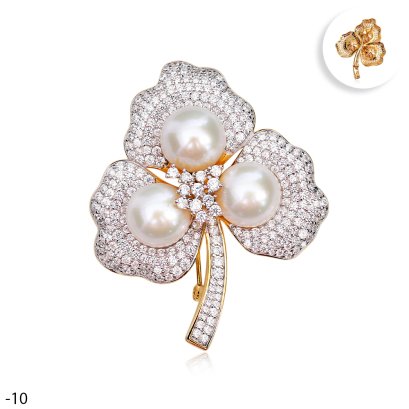 Approx. 10.0 mm, Edison Pearl, Maple Leaf CZ Paved Triple Pearl Brooch