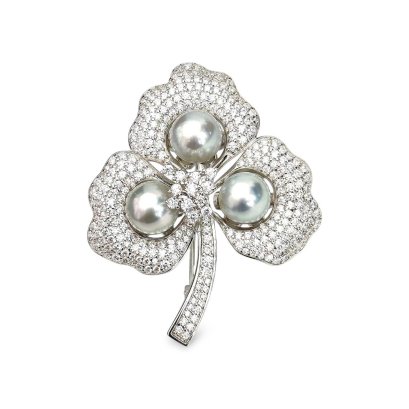 Approx. 8.0 - 8.5 mm, Akoya Pearl, Triple Pearl Maple Leaf CZ Paved Brooch