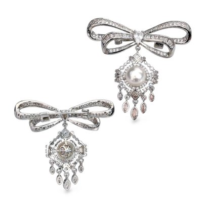 Approx. 7.0 - 8.0 mm, White South Sea Pearl, Bow Chandelier Pearl Alloy Brooch