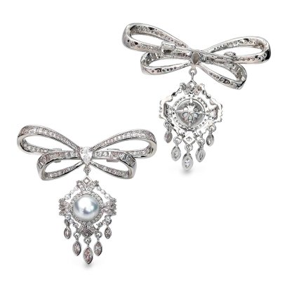 Approx. 8.0 mm, Akoya Pearl, Bow Chandelier Pearl Alloy Brooch