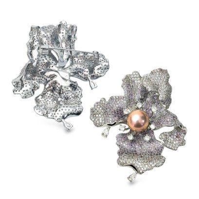 Approx. 10.5 - 11.0 mm, Edison Pearl, Orchid Pearl Alloy Brooch