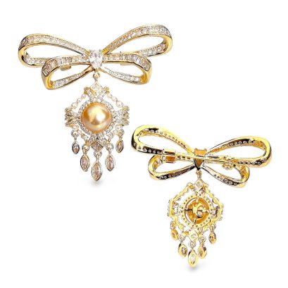 Approx. 7.5 - 8.5 mm, Gold South Sea Pearl, Bow Chandelier Pearl Alloy Brooch