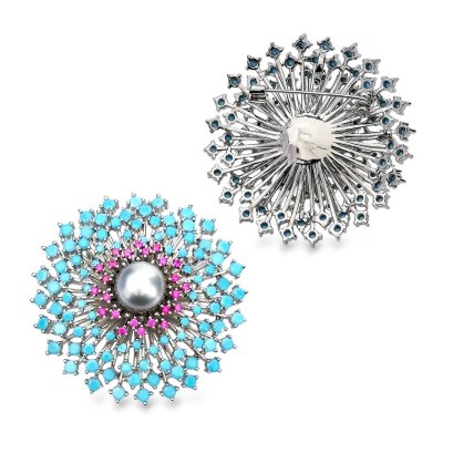 Approx. 11.0 - 12.0 mm, TahitianPearl, Blue Firework Pearl Alloy Brooch