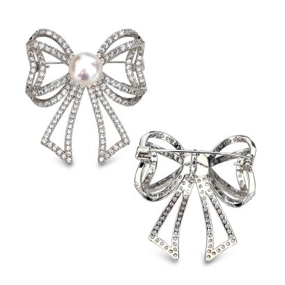 Approx. 10.0 - 11.0 mm, Edison Pearl, Bow Pearl Alloy Brooch