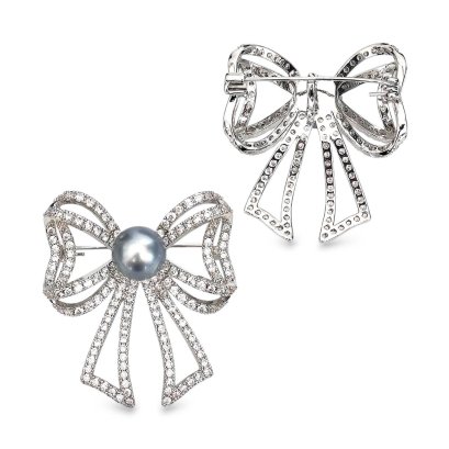 Approx. 9.0 - 10.0 mm, Tahitian Pearl, Bow Pearl Alloy Brooch