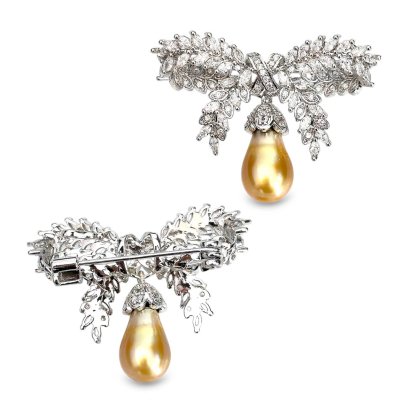 Approx. 7.5 mm up, Gold South Sea Pearl, Bow Dangle Pearl Alloy Brooch