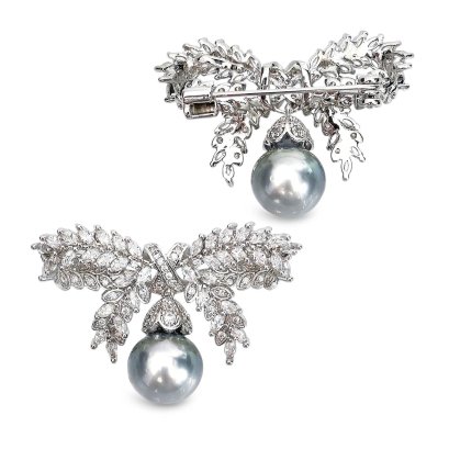 Approx. 11.0 - 12.0 mm, Tahitian Pearl, Bow Dangle Pearl Brooch