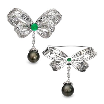 Approx. 11.0 mm, Tahitian Pearl, Green CZ Bow Dangle Pearl Alloy Brooch