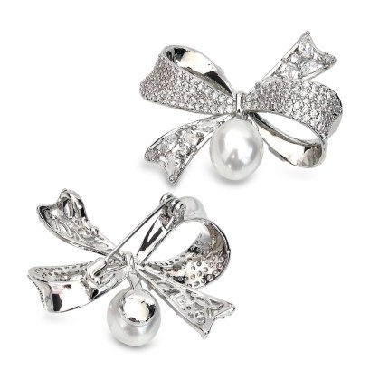 Approx. 9.0 - 10.0 mm, White South Sea Pearl, Bow Pearl Alloy Brooch
