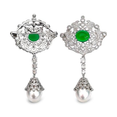 Approx. 13.0 - 15.0 mm, Tahitian or White South Sea Pearl, Green CZ Embellishment Dangle Pearl Alloy Brooch