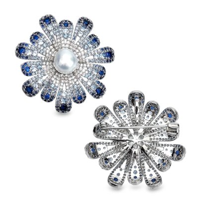 Approx. 8.5 - 9.0 mm, Akoya Pearl, Blue Flower CZ Paved Pearl Alloy Brooch