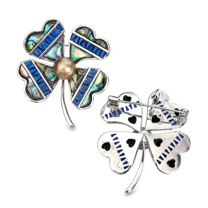 Approx. 8.0 mm, Tahitian Pearl, Clover Leaf Abalone Shell Pearl Alloy Brooch