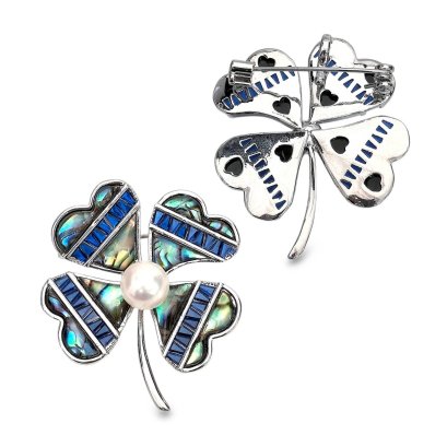 Approx. 8.0 mm, Akoya Pearl, Abalone Colver Leaf Pearl Alloy Brooch