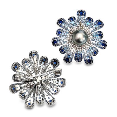 Approx. 9.0 - 10.0 mm, Tahitian Pearl, Blue Flower CZ Paved Pearl Alloy Brooch