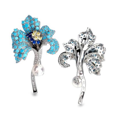 Approx. 10.0 - 11.0 mm, White South Sea Pearl, Lily Synthetic Turquoise Pearl Alloy Brooch