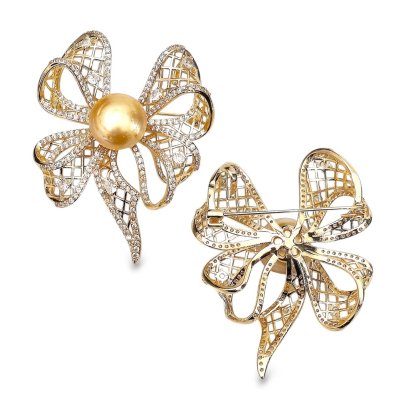 Approx. 11.0 - 15.0 mm, Gold South Sea Pearl, Bow Pearl Brooch