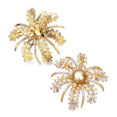 Approx. 9.0 - 10.0 mm, Gold South Sea Pearl, Plam Tree CZ Pearl Alloy Brooch