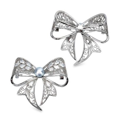 Approx. 8.0 mm, Blue Rose, Akoya Pearl, Bow CZ Pearl Alloy Brooch