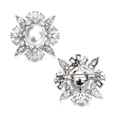 Approx. 12.0 - 13.0 mm, White South Sea Pearl, Pearl Halo CZ Alloy Brooch