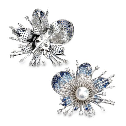 Approx. 11.0 mm, White South Sea Pearl, Flower CZ Paved Pearl Alloy Brooch