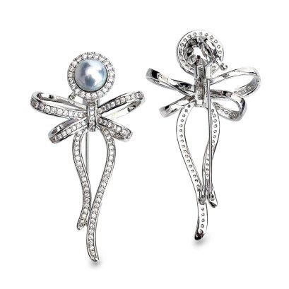 Approx. 8.0 mm, Blue Rose, Akoya Pearl, Bow Long Tails Pearl Alloy Brooch