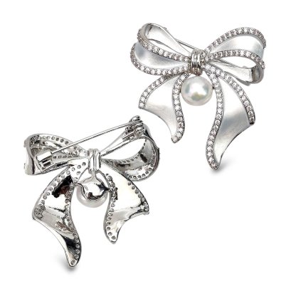 Approx. 8.0 mm, Akoya Pearl, Bow White Enamel Pearl Alloy Brooch