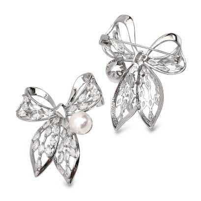 Approx. 9.0 - 9.5 mm, Edison Pearl, Bow CZ Alloy Brooch