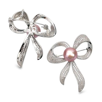 Approx. 12.0 mm, Edison Pearl, Bow CZ Alloy Brooch