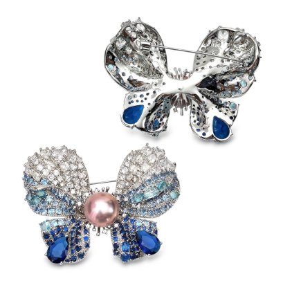 Approx. 12.0 - 14.0 mm, Edison Pearl, Butterfly CZ Pearl Alloy Brooch