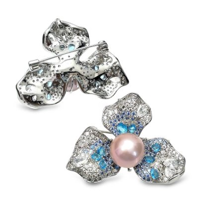 Approx. 13.0 mm, Edison Pearl, Blue CZ Flower Pearl Alloy Brooch