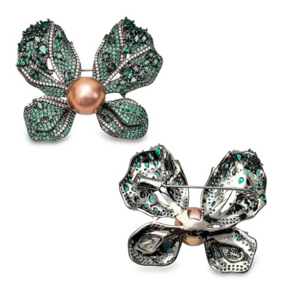 Approx. 12.0 mm, Edison Pearl, Green CZ Butterfly Pearl Alloy Brooch