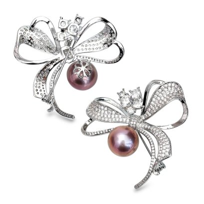 Approx. 12.0 mm, Edison Pearl, Bow CZ Pearl Alloy Brooch
