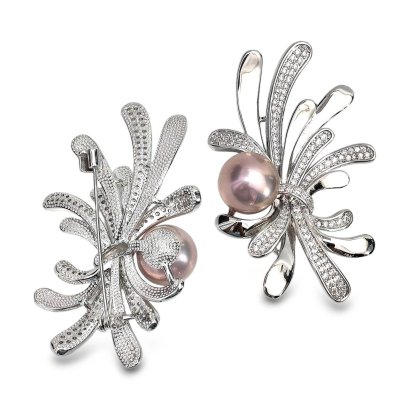 Approx. 12.0 mm, Edison Pearl, Bow CZ Pearl Alloy Brooch