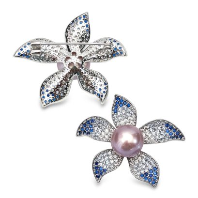 Approx. 12.0 mm, Edison Pearl, Blue Flower Solitaire Pearl Alloy Brooch