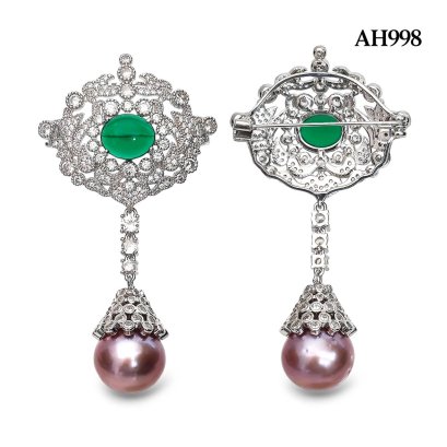 Approx. 15.0 mm, Edison Pearl, Green CZ Royal Embellishment Dangle Pearl Alloy Brooch