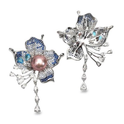 Approx. 13.0 mm, Edison Pearl, Blue Flower Pearl Alloy Brooch