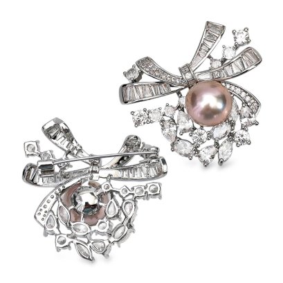 Approx. 12.0 mm, Edison Pearl, Bow Cluster CZ Pearl Alloy Brooch