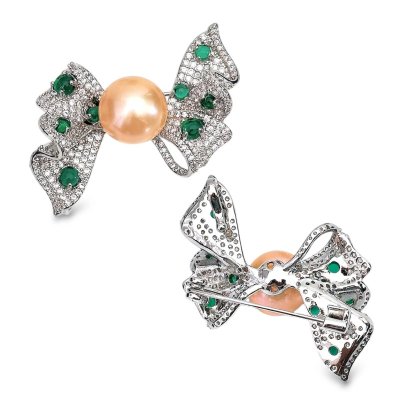 Approx. 12.0 mm, Edison Pearl, Bow Poka dot Green CZ Pearl Alloy Brooch