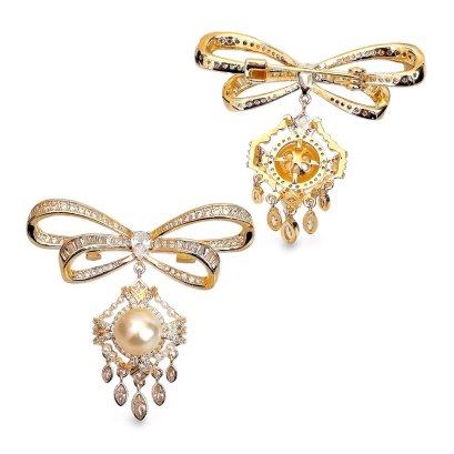 Approx. 7.0 mm, Gold South Sea Pearl, Bow Chandelier Pearl Alloy Brooch