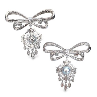 Approx. 8.0 mm up, Blue Rose, Akoya Pearl, Bow Chandelier Pearl Alloy Brooch