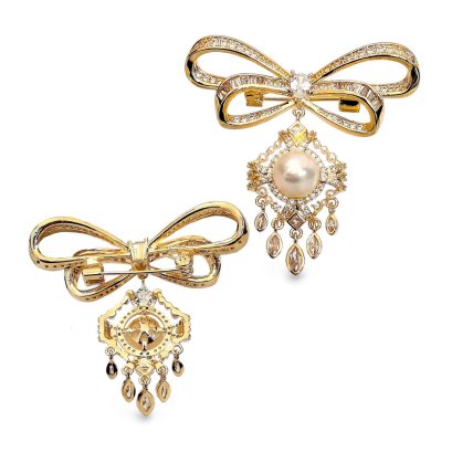 Approx. 8.0 -10.0 mm, Akoya Pearl, Bow Chandelier Pearl Alloy Brooch