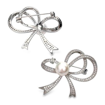 9.0 - 11.0 mm, Edison Pearl, Bow Pearl Alloy Brooch